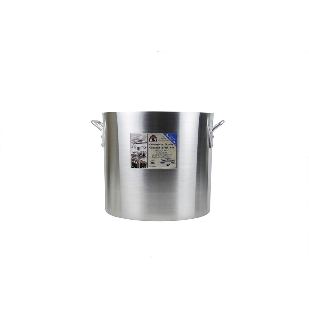 Libertyware 32-quart aluminum stock pot front view with NSF label and capacity markings