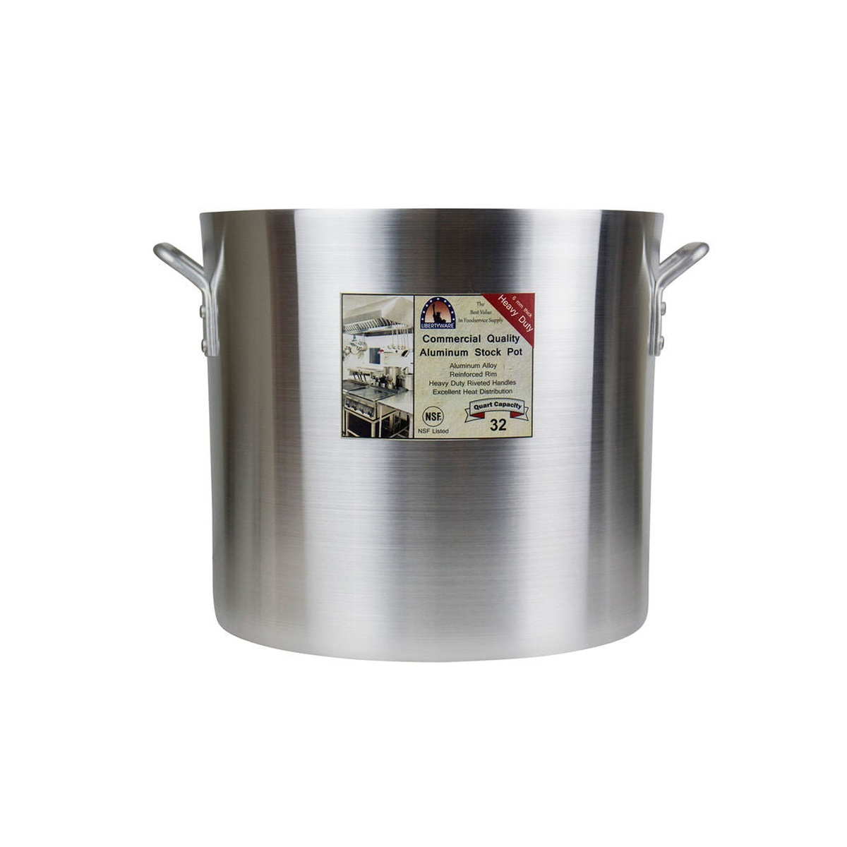 Libertyware POT32H 32-quart aluminum stock pot front view with commercial quality label and NSF listing