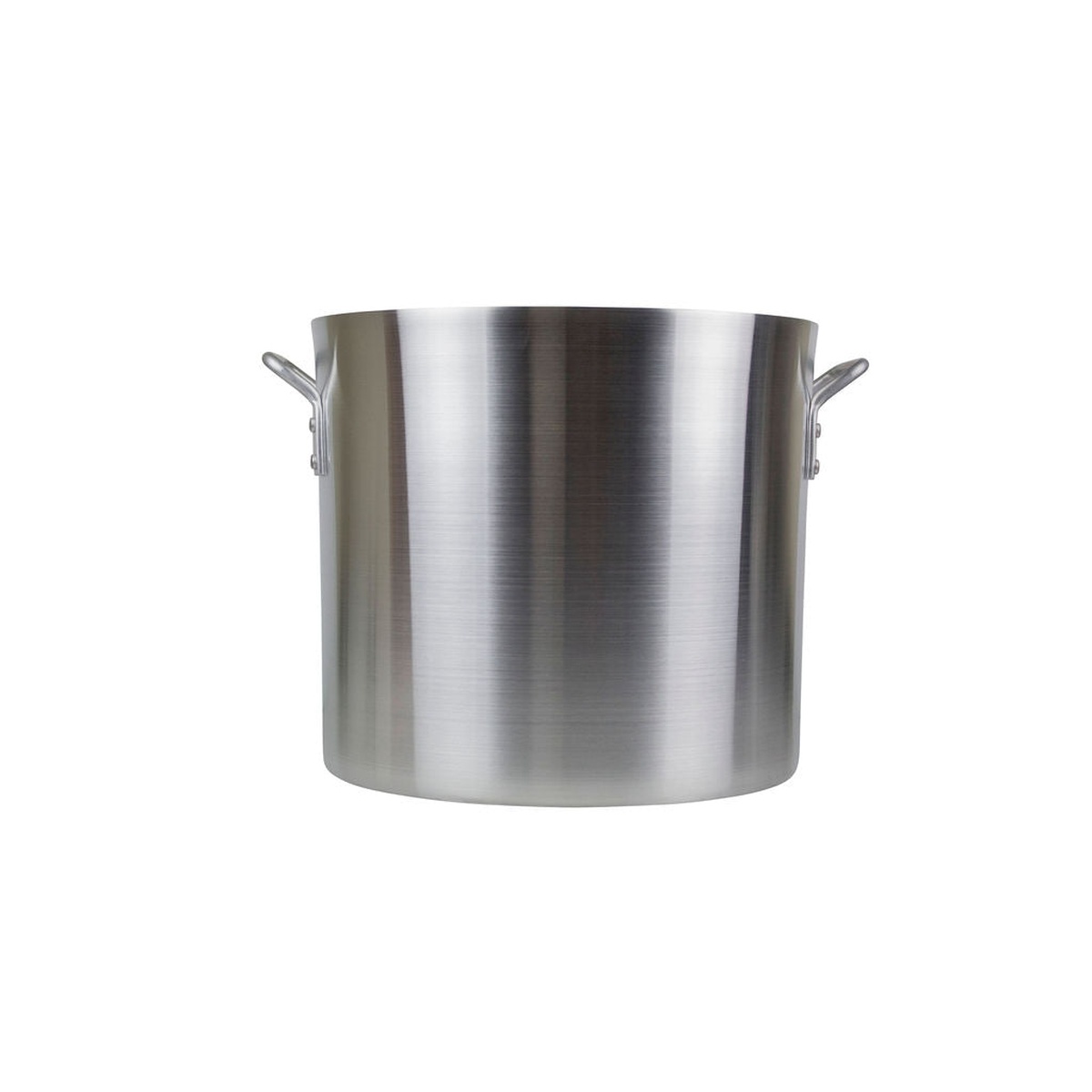 Libertyware POT32H 32-quart aluminum stock pot side view showing brushed aluminum finish and handles