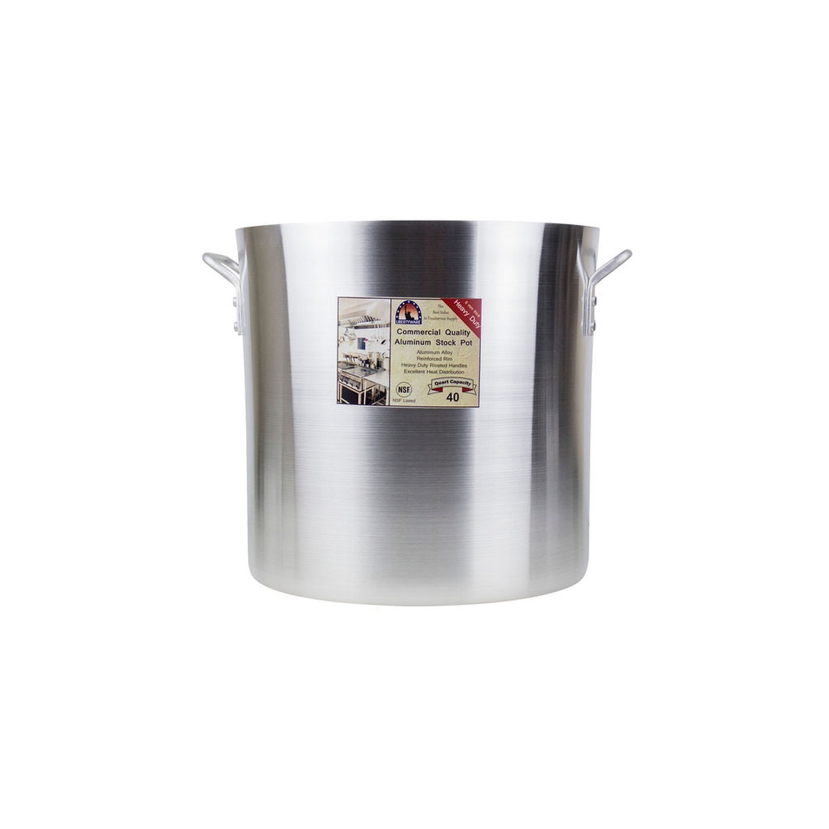 Libertyware POT40H 40-quart heavy-duty aluminum stock pot, front view with retail label and NSF badge