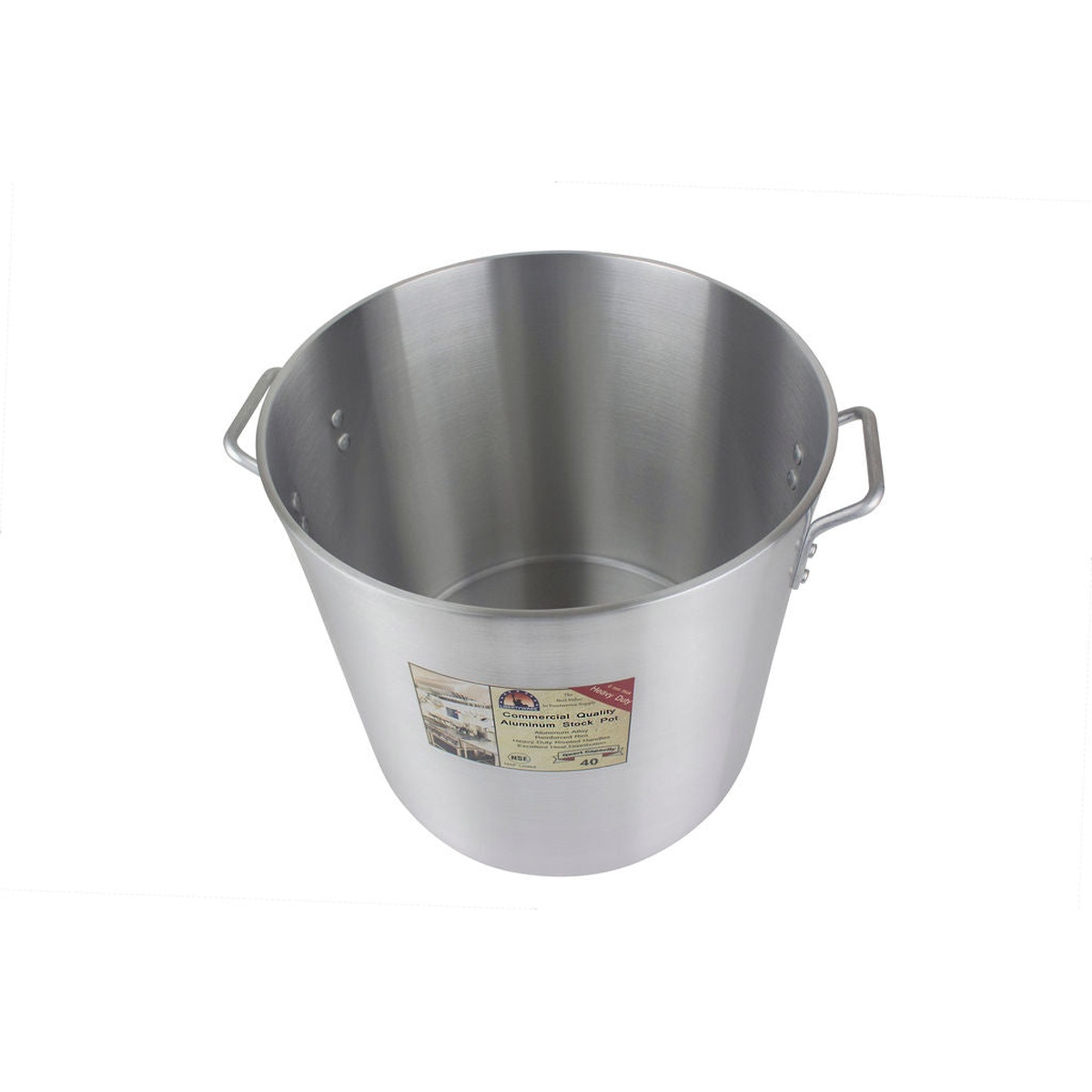 Libertyware POT40H 40-quart aluminum stock pot, angled top view showing interior depth and riveted handles