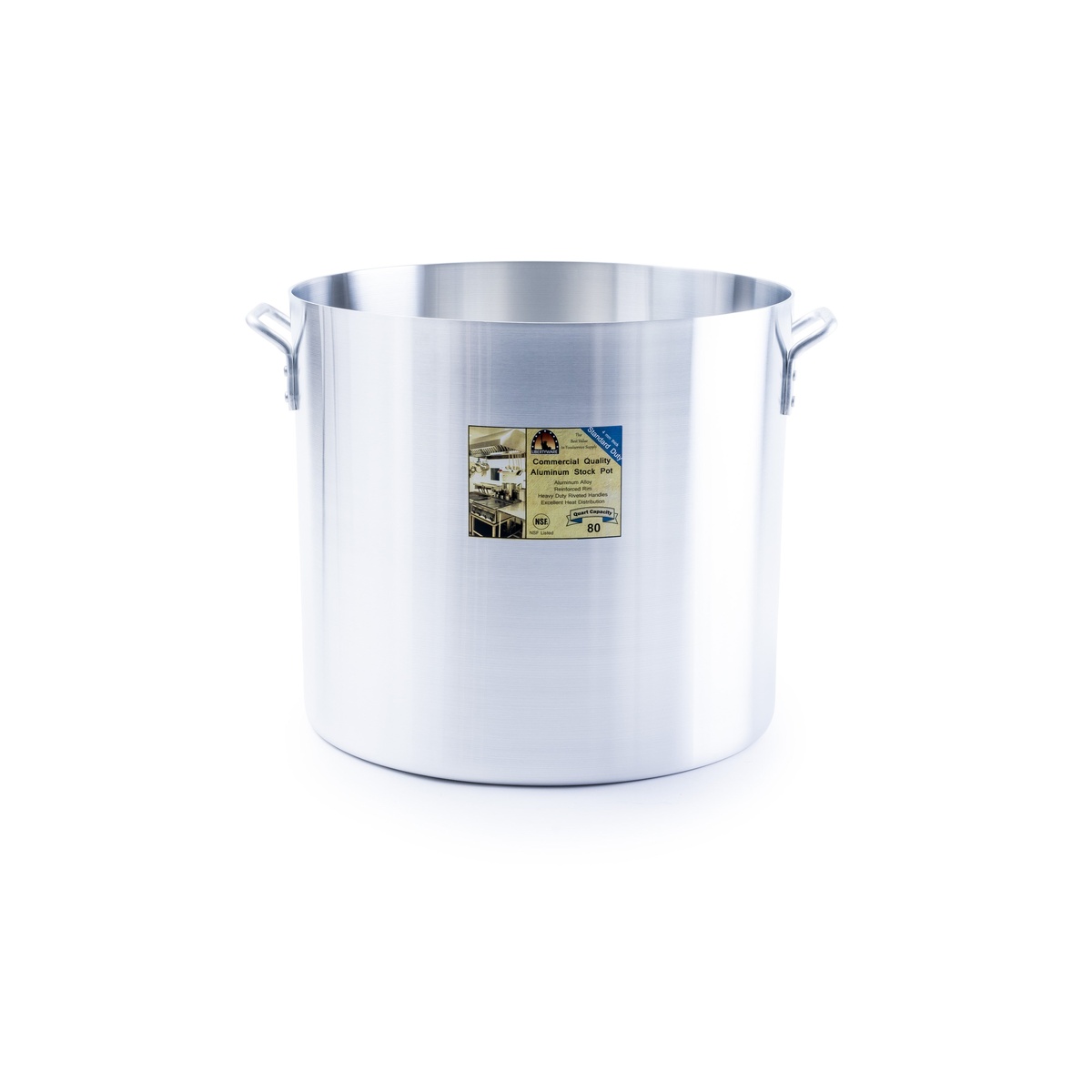 Libertyware POT80 80-quart aluminum stock pot with retail label and dual handles on white background