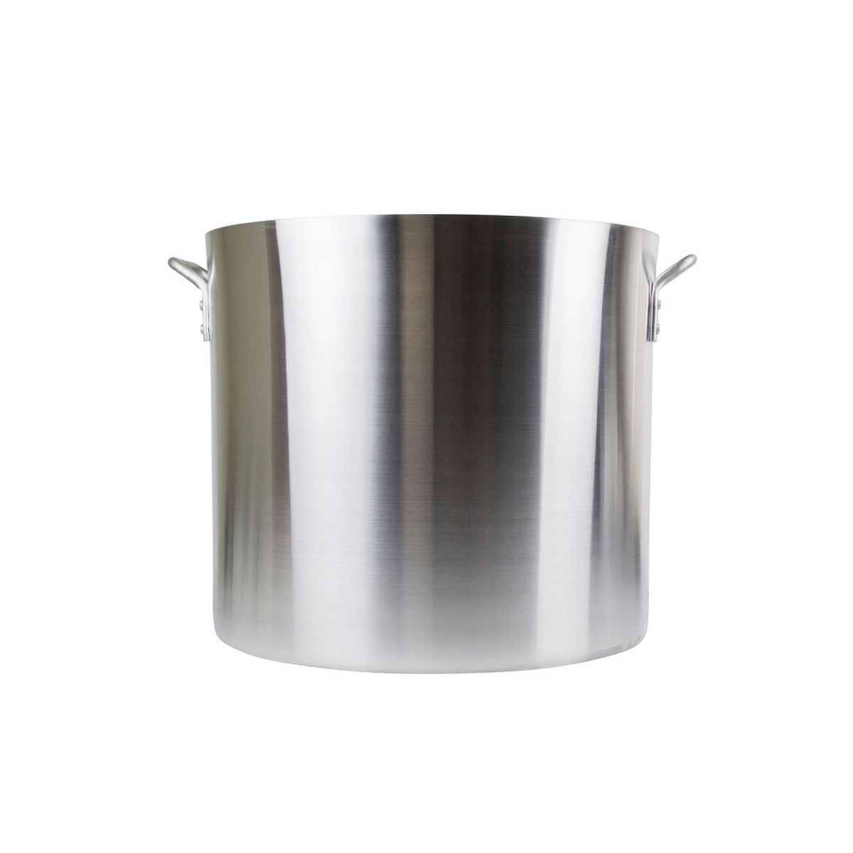 Libertyware POT80H 80-quart aluminum stock pot clean front view showing brushed aluminum finish and loop handles