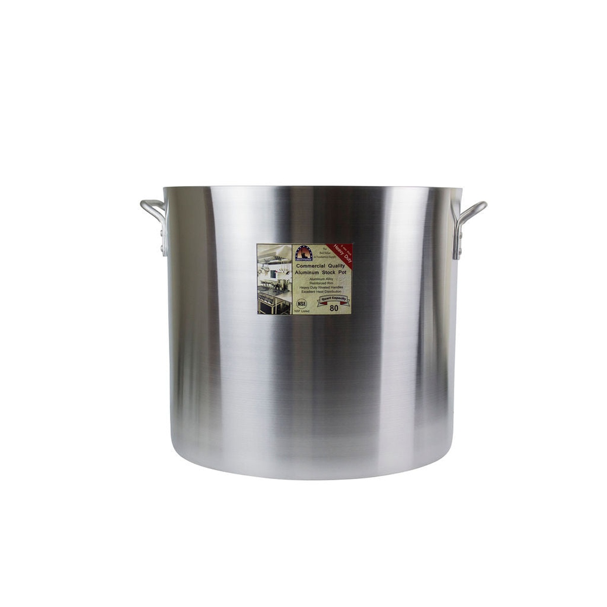 Libertyware POT80H 80-quart aluminum stock pot front view with label and NSF certification badge