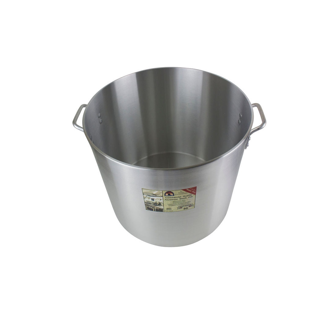 Libertyware POT80H 80-quart aluminum stock pot angled top view showing interior and riveted handles