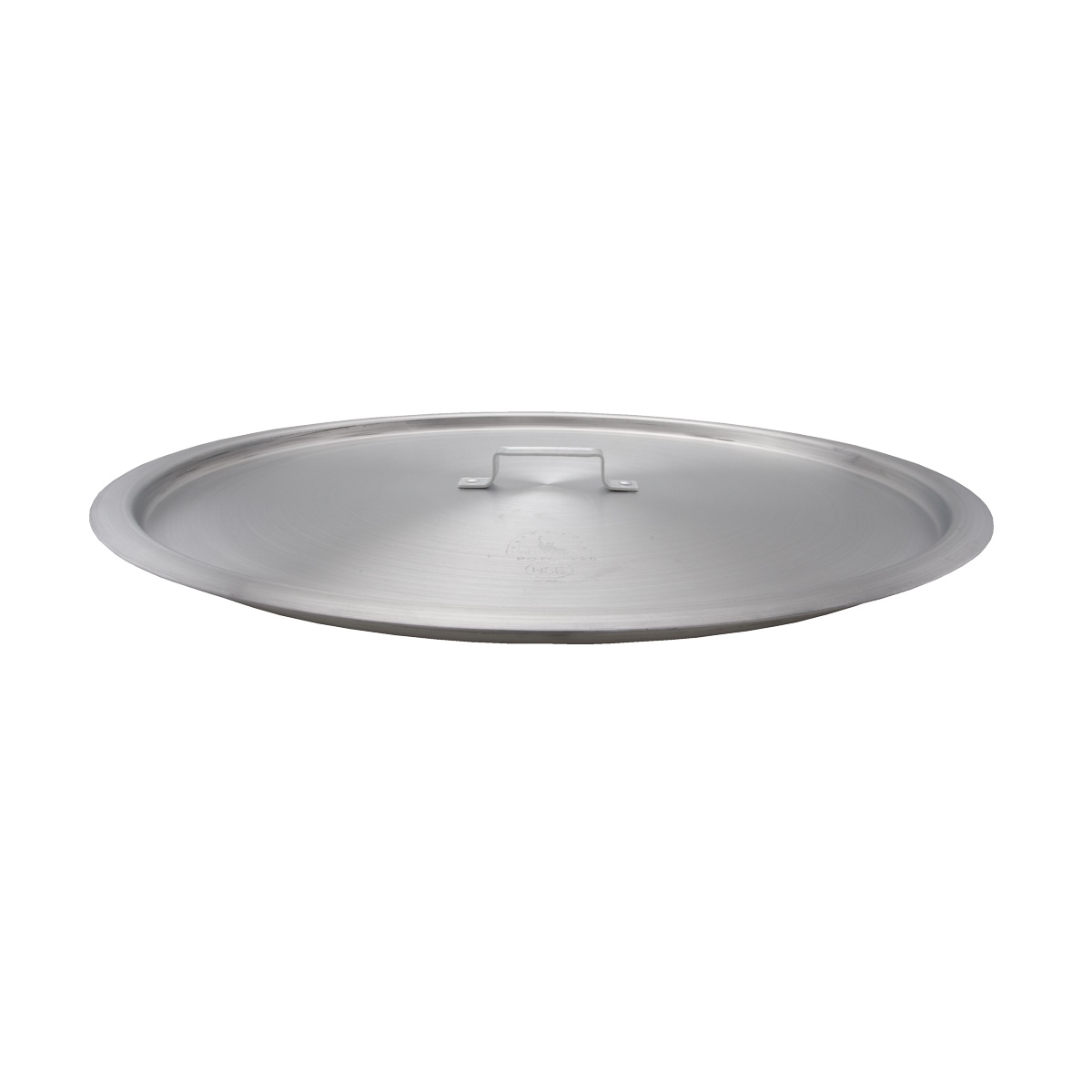 Libertyware POTC120 flat aluminum stock pot cover with center handle, top-angled view