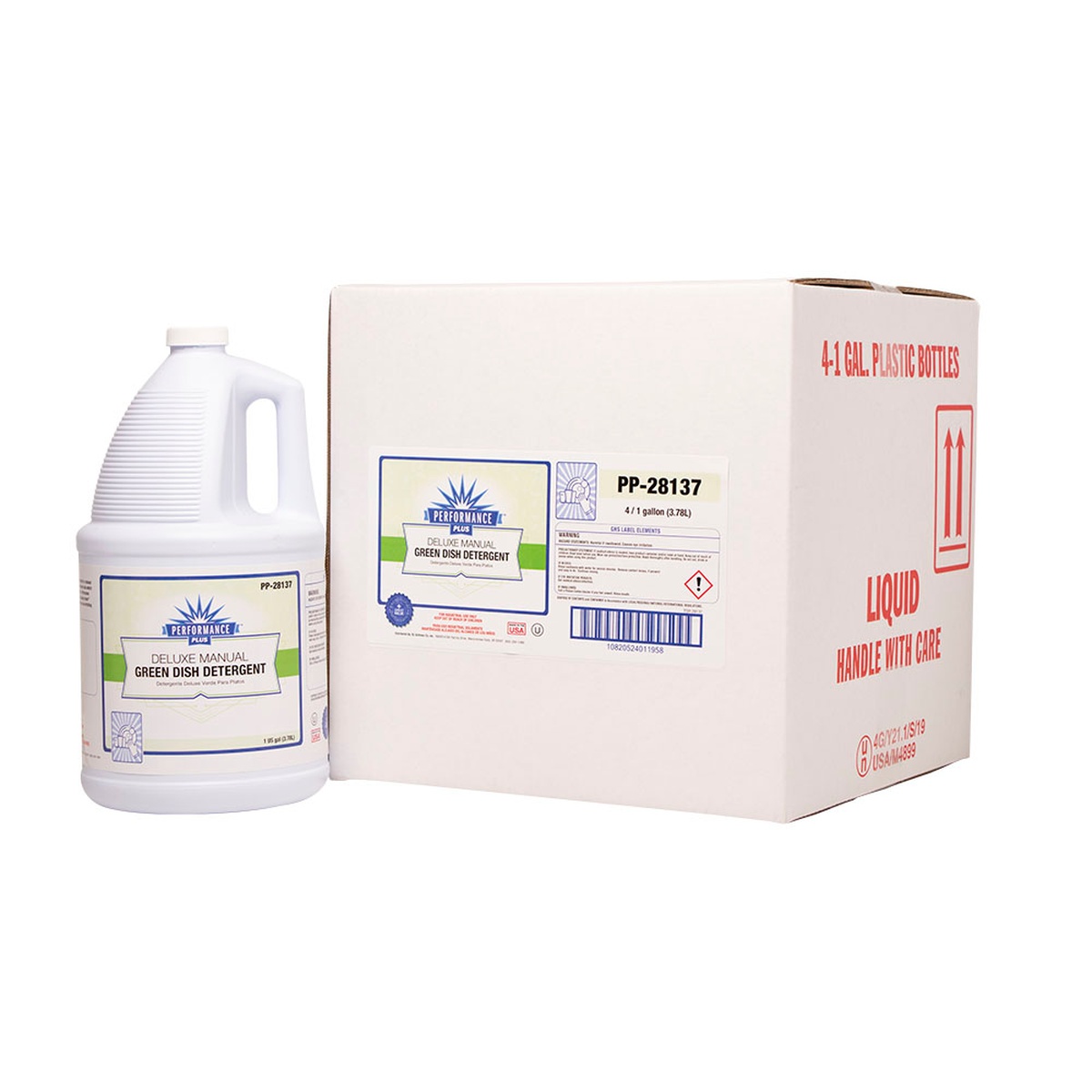 Performance Plus PP-28137 Deluxe Manual Green Dish Detergent 1-gallon jug alongside shipping case box
