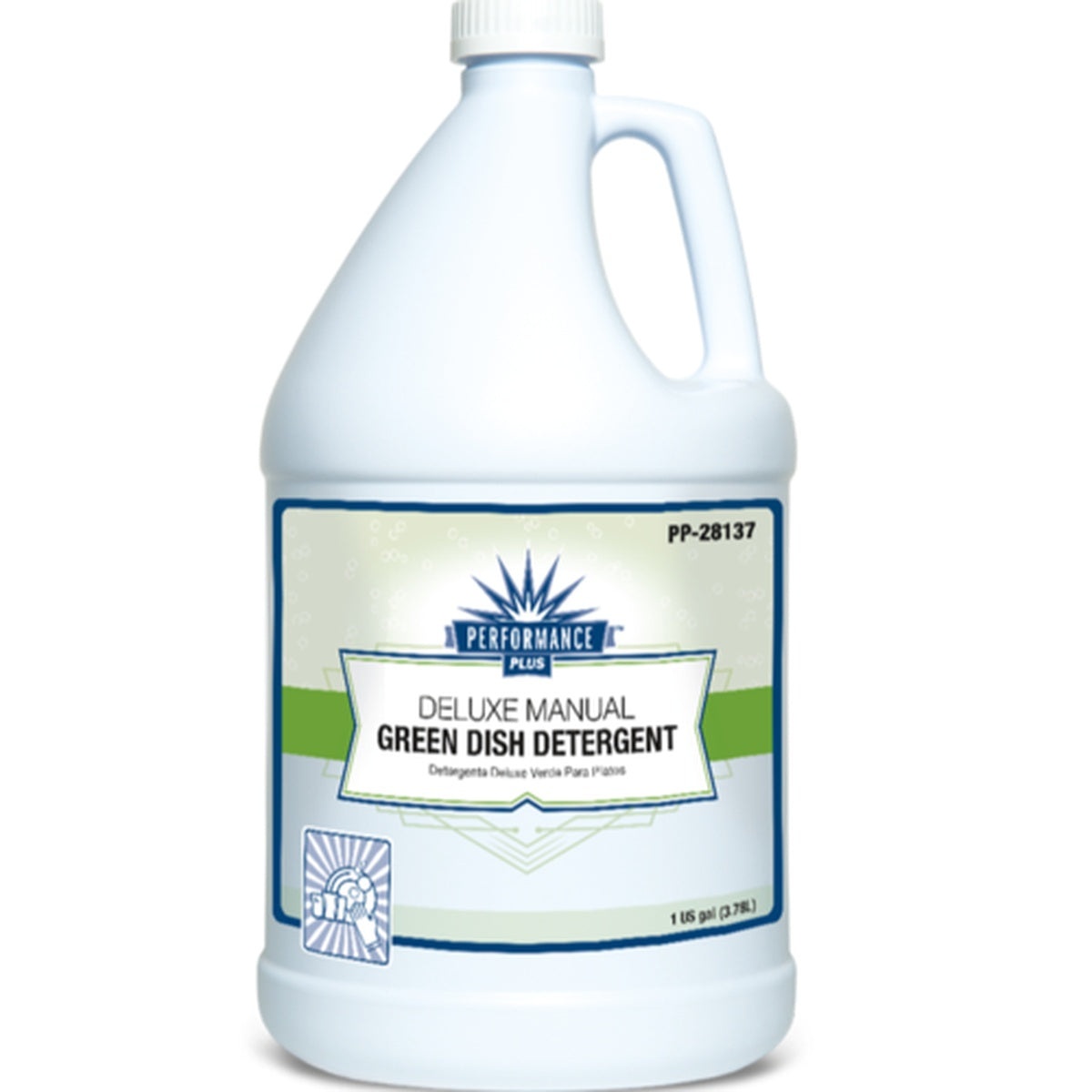 Close-up of Performance Plus PP-28137 Deluxe Manual Green Dish Detergent 1-gallon bottle label