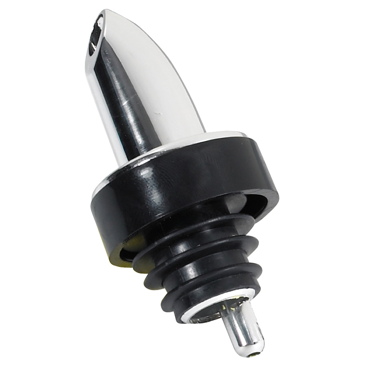 Winco PP-C classic chrome liquor pourer with black collar and poly-plastic cork on white background