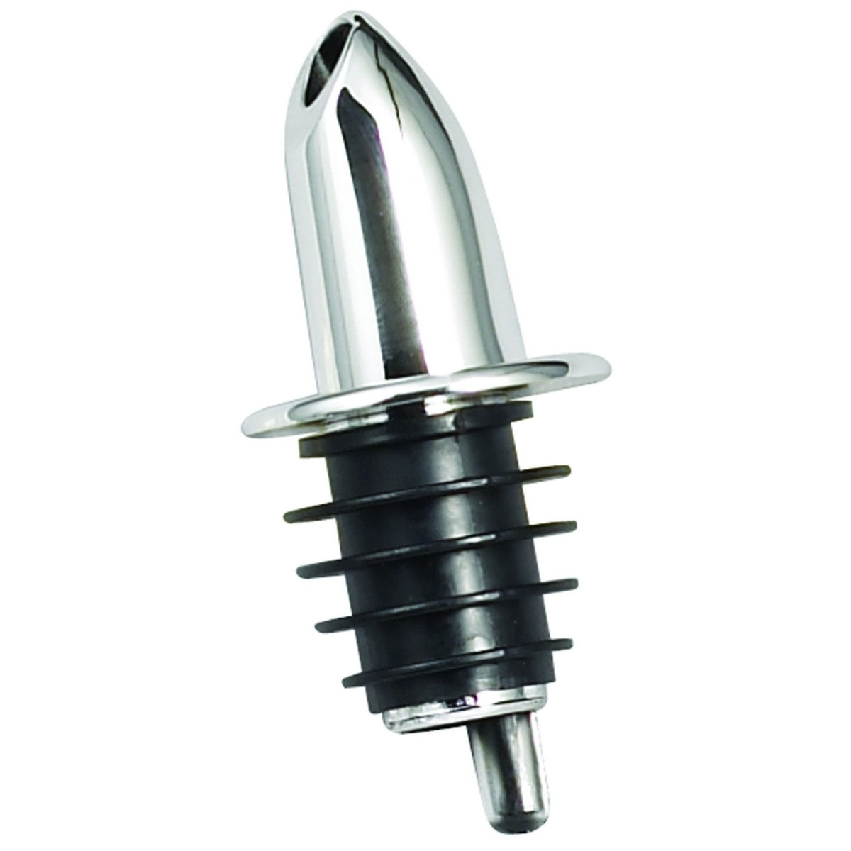 Winco PP-NC chrome free-flow pourer with black poly-plastic cork and no collar