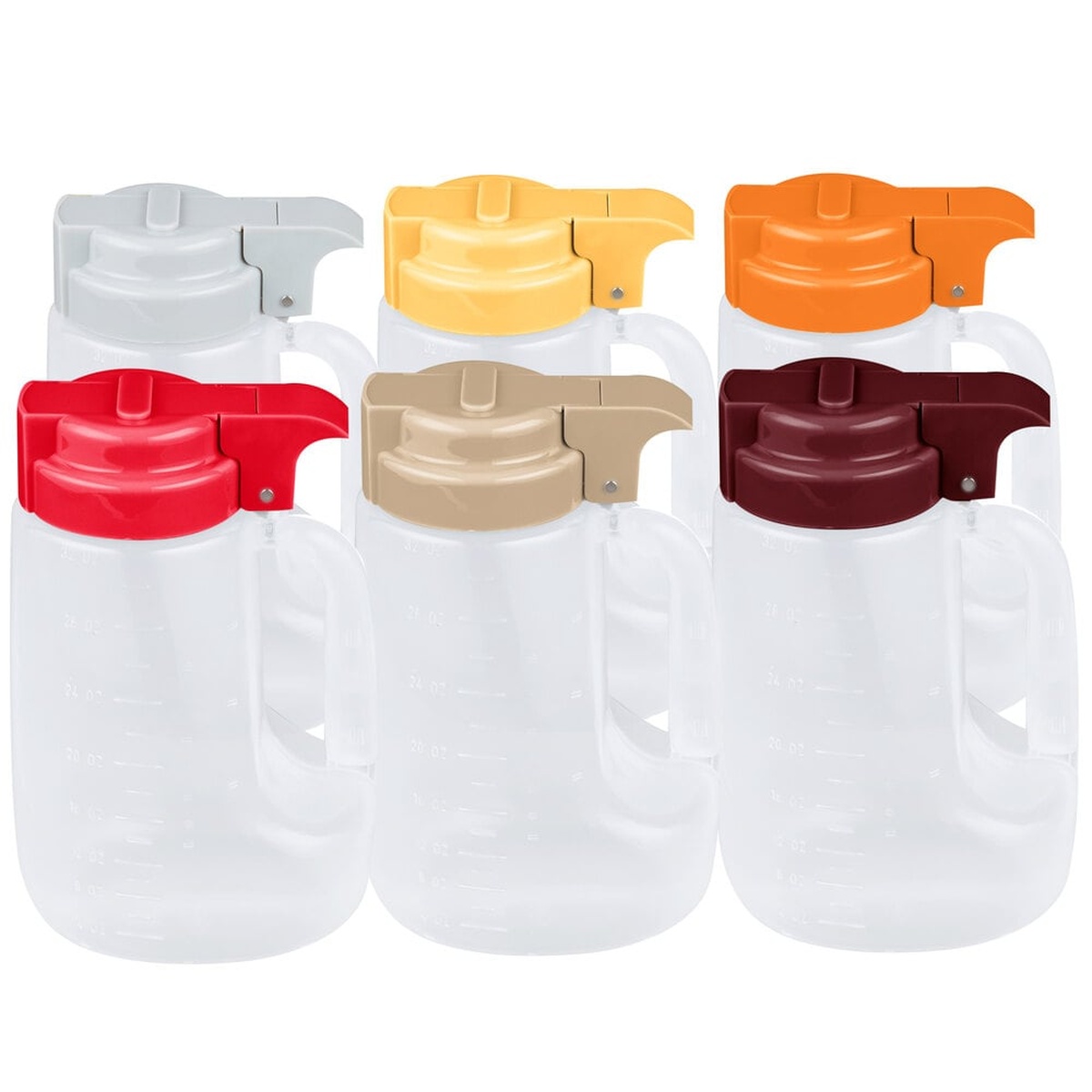 Six TableCraft PP32A 32 oz clear polypropylene dispensers with assorted colored flip-top lids in gray, yellow, orange, red, beige, and maroon
