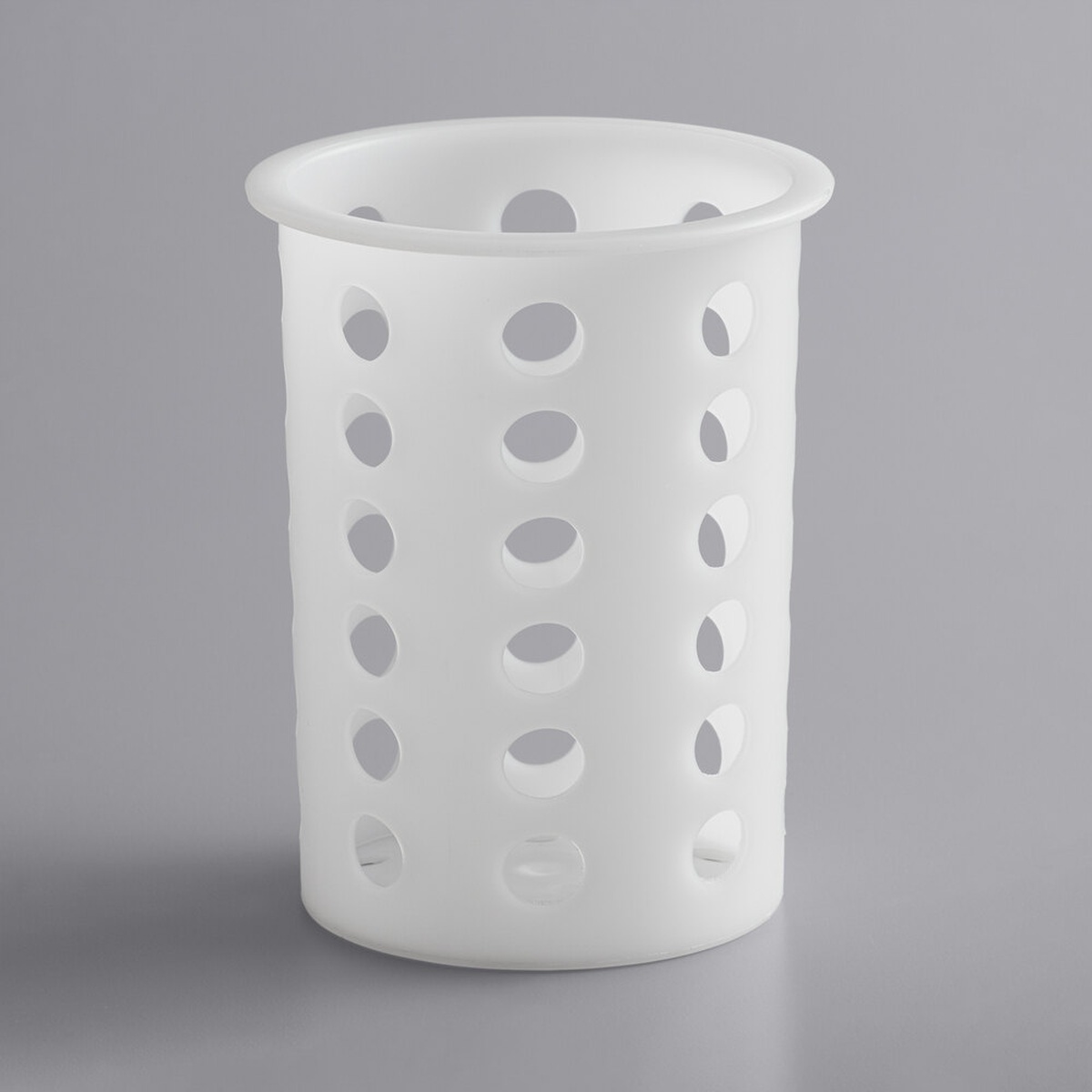 TableCraft PP33 white perforated polypropylene flatware cylinder on gray background