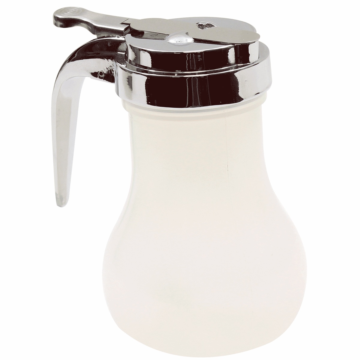 TableCraft PP410 teardrop syrup dispenser with chrome-plated metal top and polypropylene base on white background