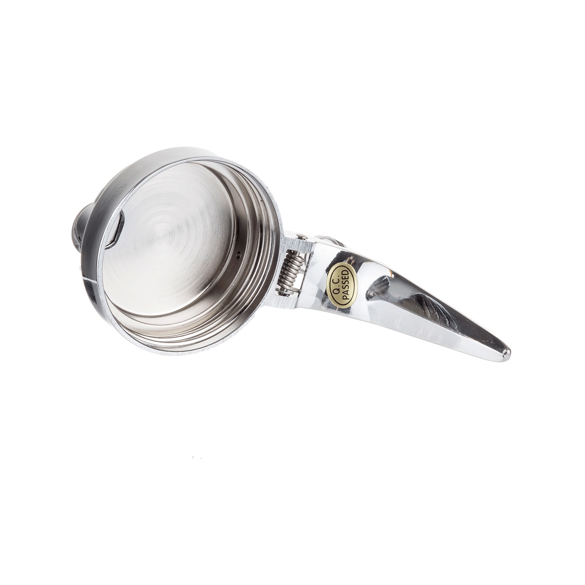 Close-up of the chrome-plated metal top and thumb-controlled spout mechanism of the PP410 syrup dispenser