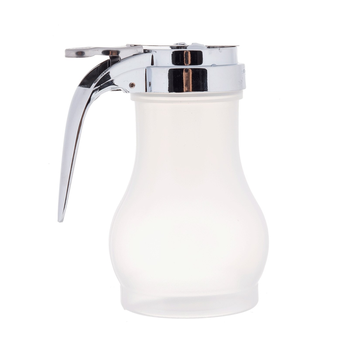 Side view of TableCraft PP410 teardrop syrup dispenser showing clear polypropylene body and chrome top with handle