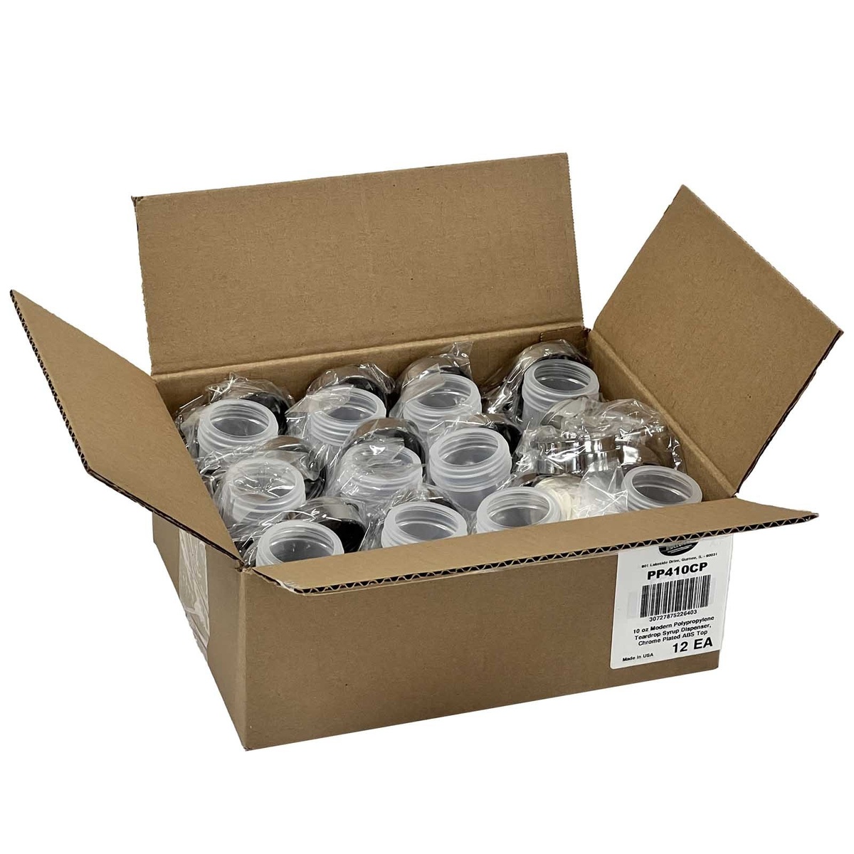 Open master carton showing 12 individually wrapped TableCraft teardrop syrup dispensers packed for shipping