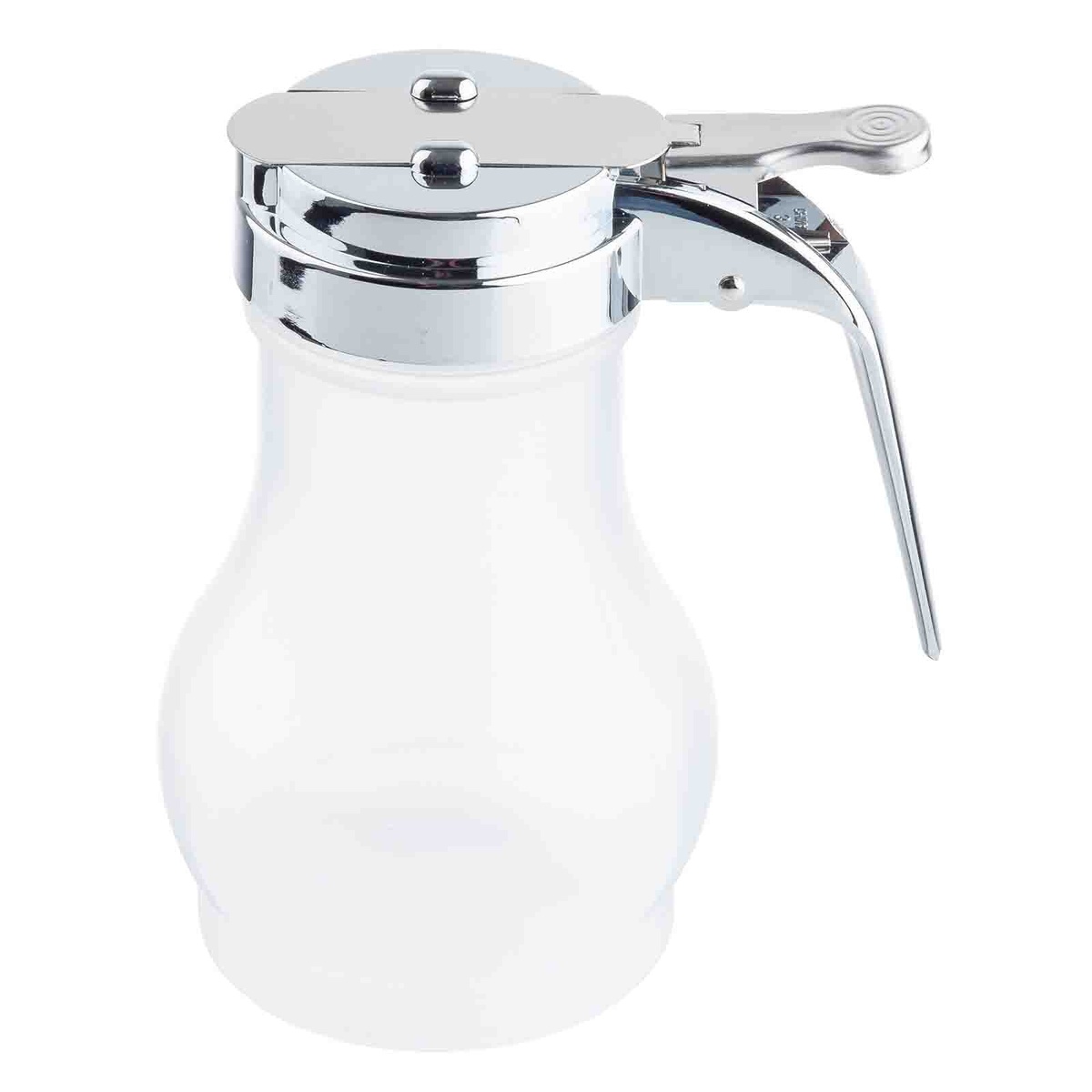 TableCraft 10 oz teardrop syrup dispenser with chrome-style ABS top and clear polypropylene body
