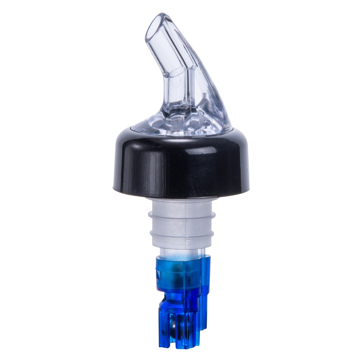 Winco PPA-087 measured pourer with clear spout, black collar, and blue tail on white background
