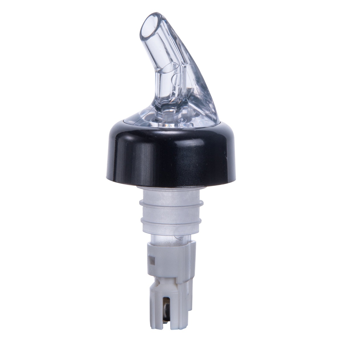 Winco PPA-200 2 oz measured liquor pourer with clear spout, black collar, and white poly plastic cork