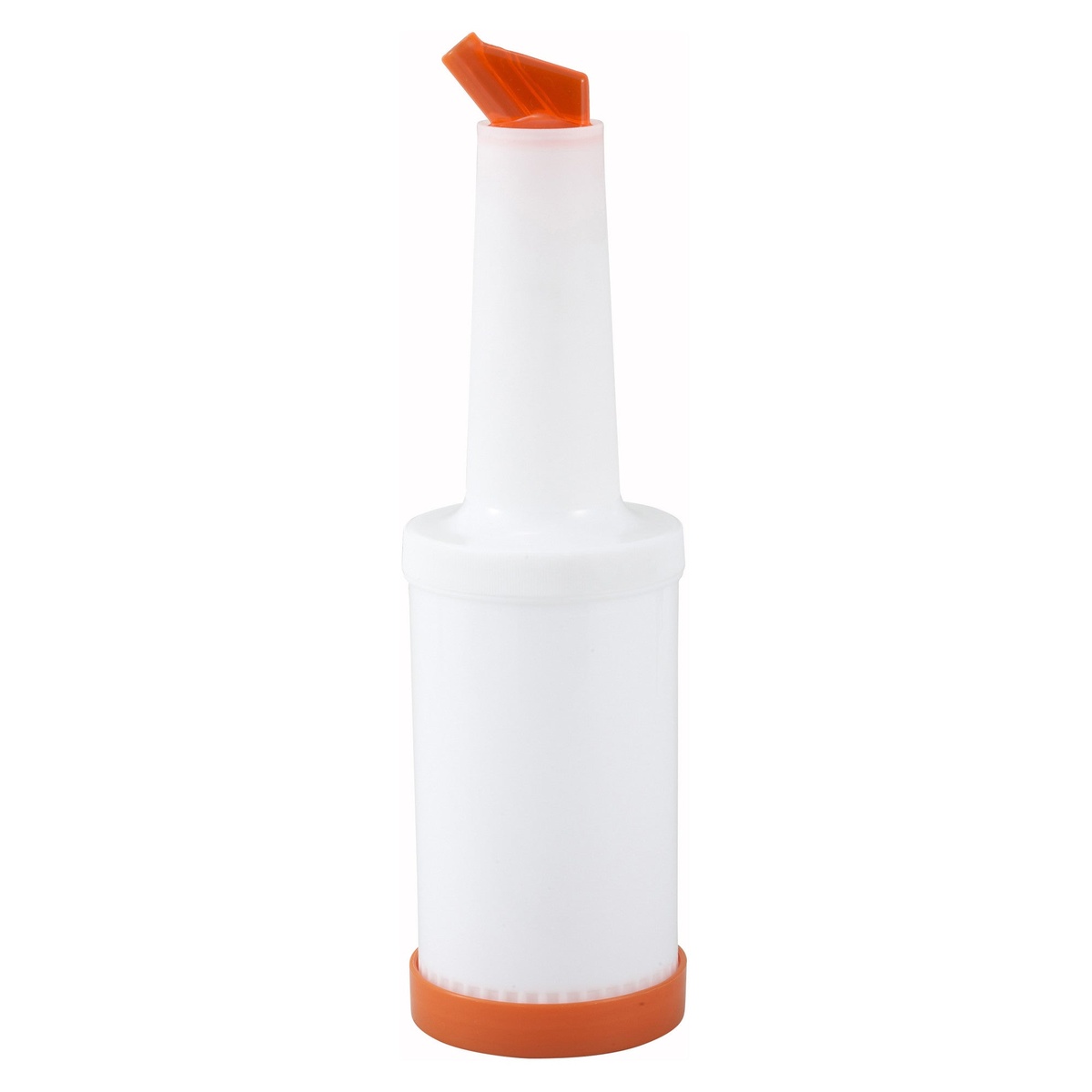 Winco PPB-1O 1-quart pour bottle with white semi-transparent body, orange angled spout, and orange base ring