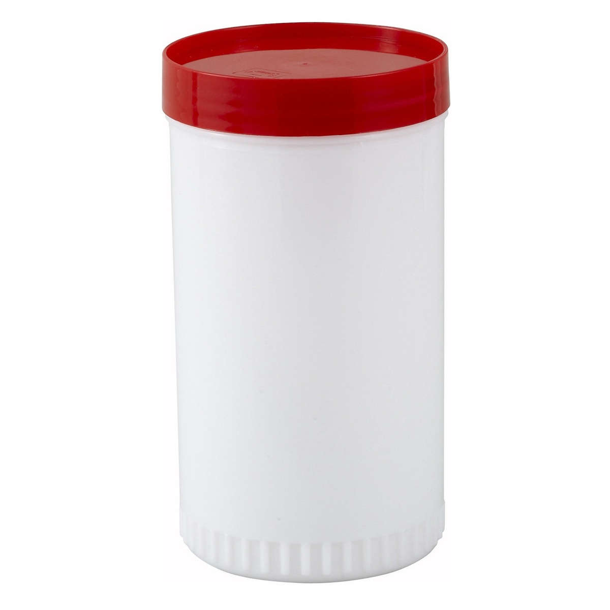 Winco PPB-1R white plastic pour bottle body with red snap-on lid closed for storage
