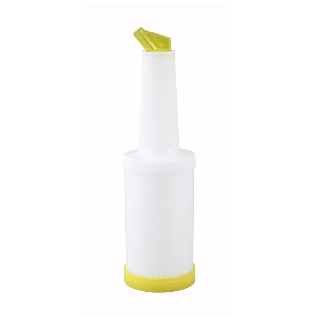 Winco PPB-1Y 1-quart pour bottle with yellow spout and yellow lid base on white background