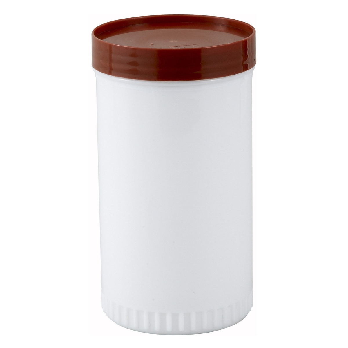 Winco PPB-2B white pour bottle shown with brown snap-on storage lid secured on top