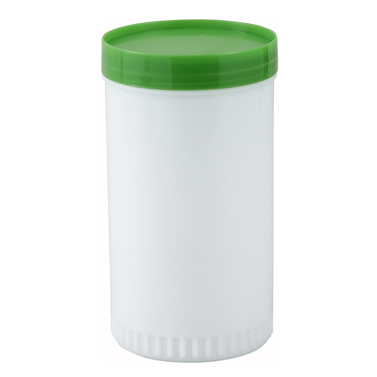 Winco PPB-2G white plastic pour bottle with fitted green lid secured on top for storage