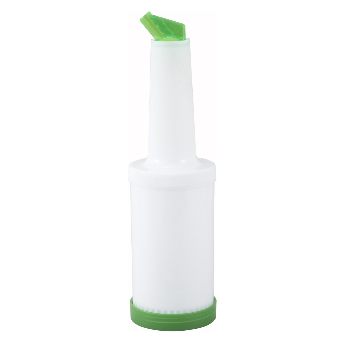 Winco PPB-2G white plastic pour bottle with green angled spout and green base ring