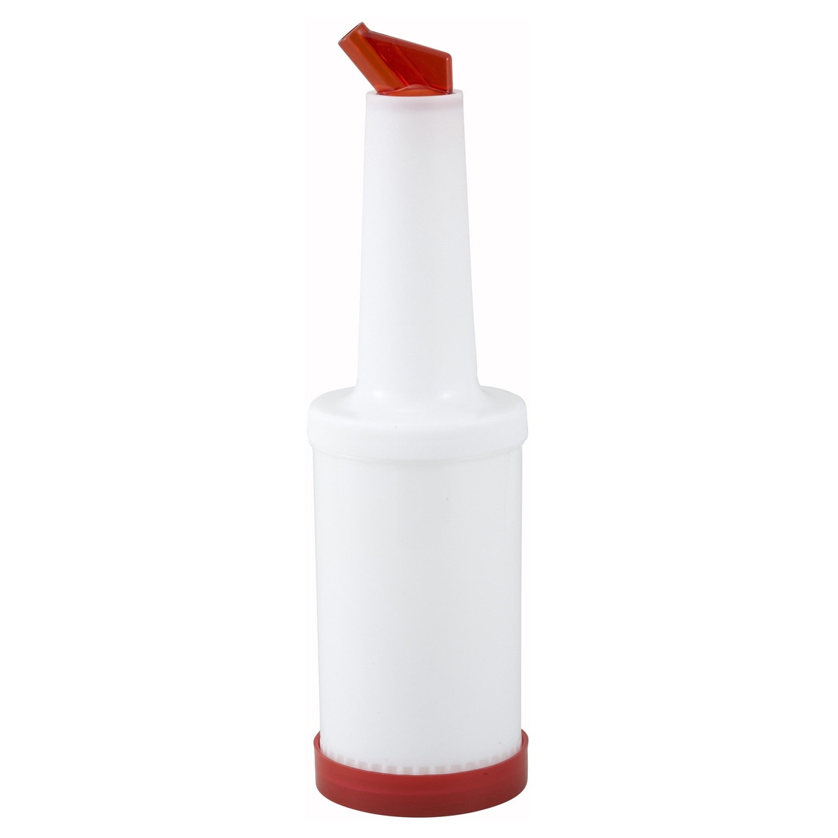 Winco PPB-2R white plastic pour bottle with red angled spout and red base ring