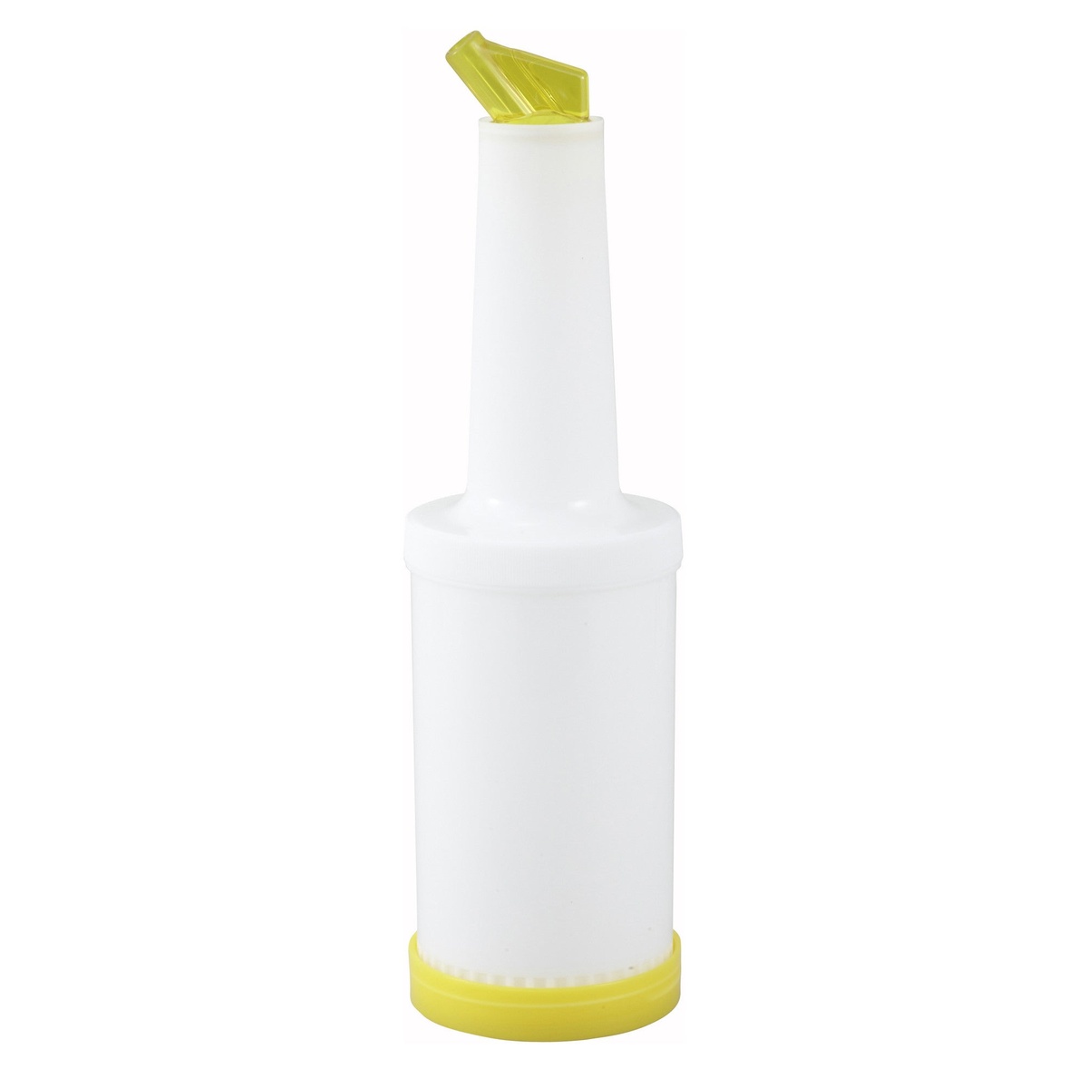 Winco PPB-2Y white plastic pour bottle with yellow spout and yellow base ring