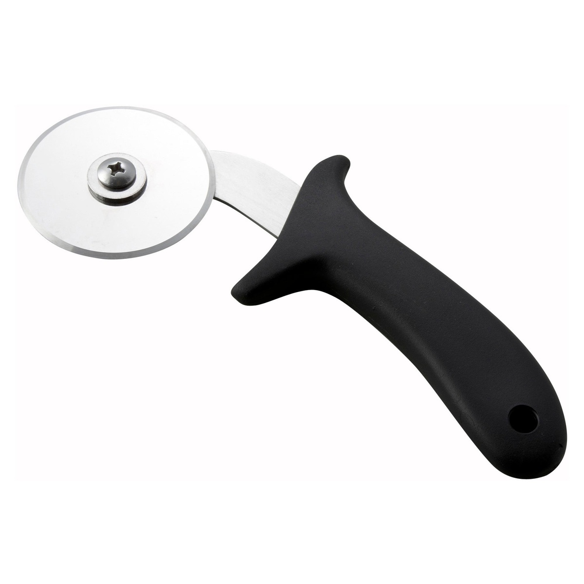 Winco PPC-2 pizza cutter with 2-1/2 inch stainless steel wheel blade and black polypropylene handle