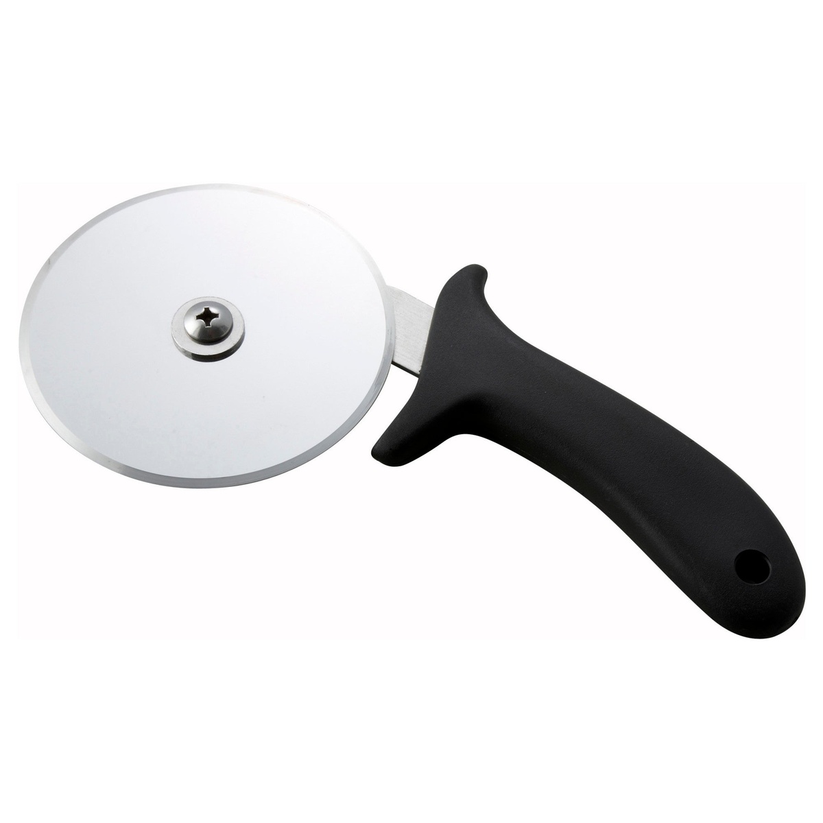 Winco PPC-4 pizza cutter with 4-inch stainless steel wheel blade and black polypropylene handle