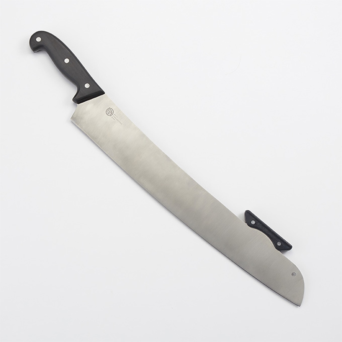 American Metalcraft PPK17 18-inch stainless steel rocker pizza knife with black POM double handles on light gray background