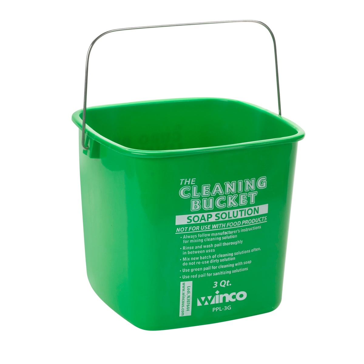 Winco PPL-3G green square 3-quart cleaning bucket with metal handle and Soap Solution label