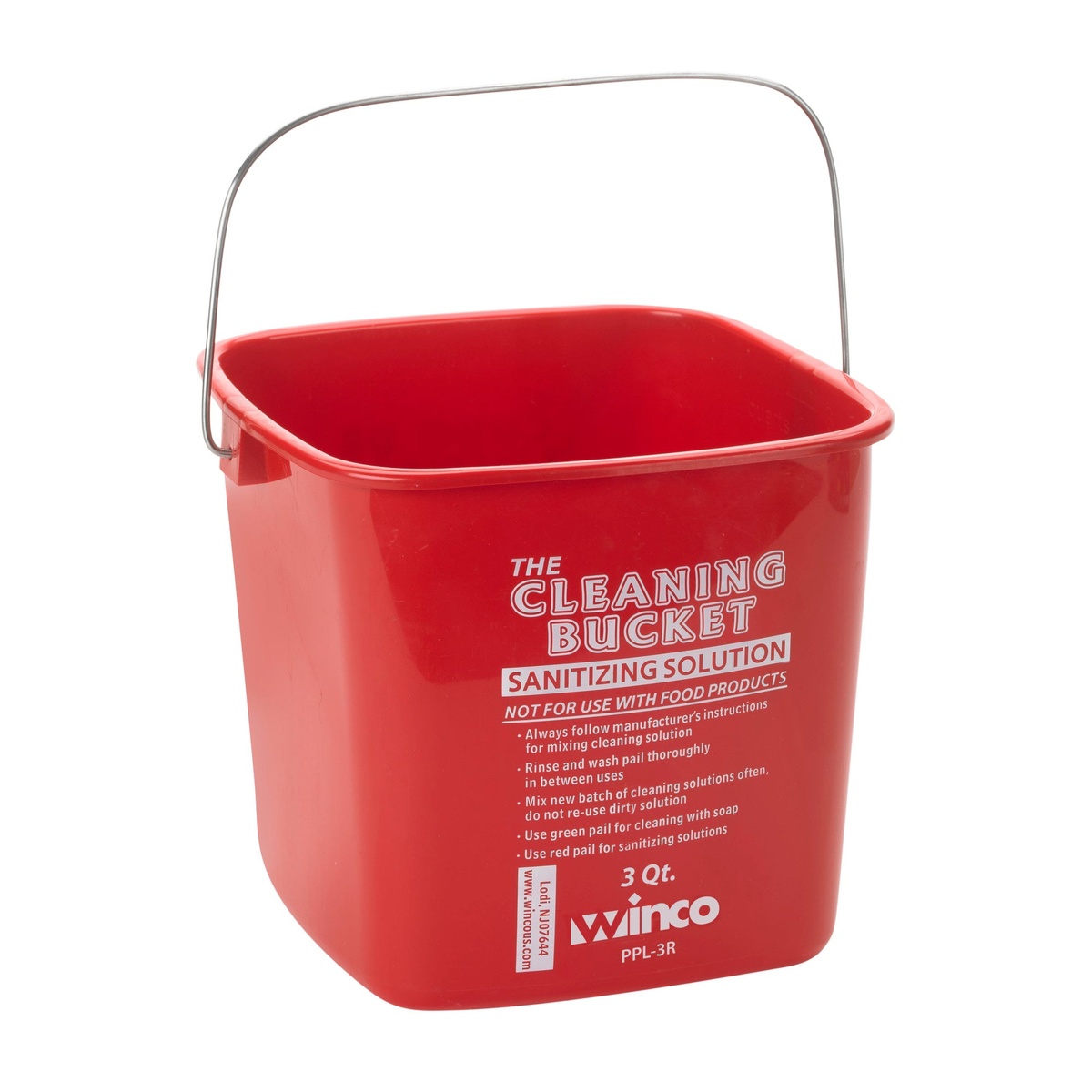 Winco PPL-3R 3-quart red sanitizing cleaning bucket with metal handle and on-pail labeling