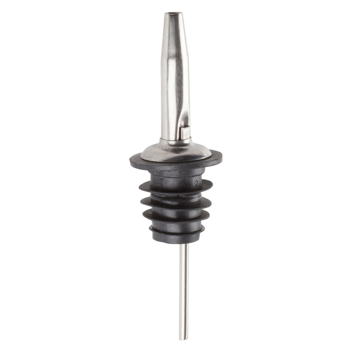 Winco PPM-4 stainless steel liquor pourer with tapered spout and black poly-plastic stopper
