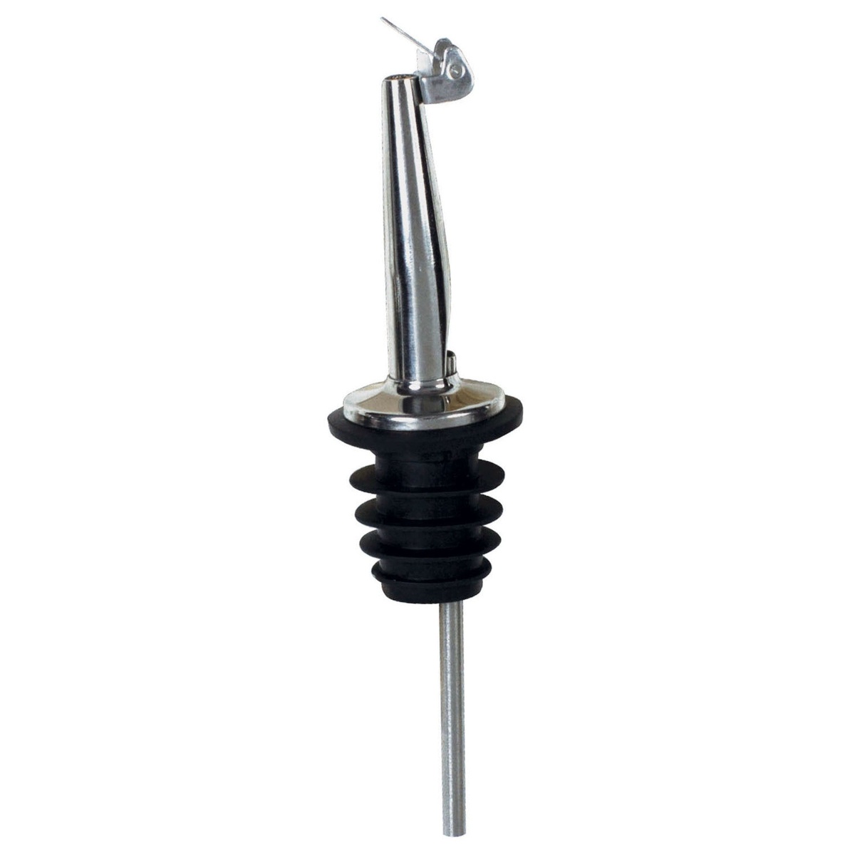 Winco PPM-4C metal liquor pourer with tapered stainless steel spout, hinged cap, and black poly plastic cork stopper
