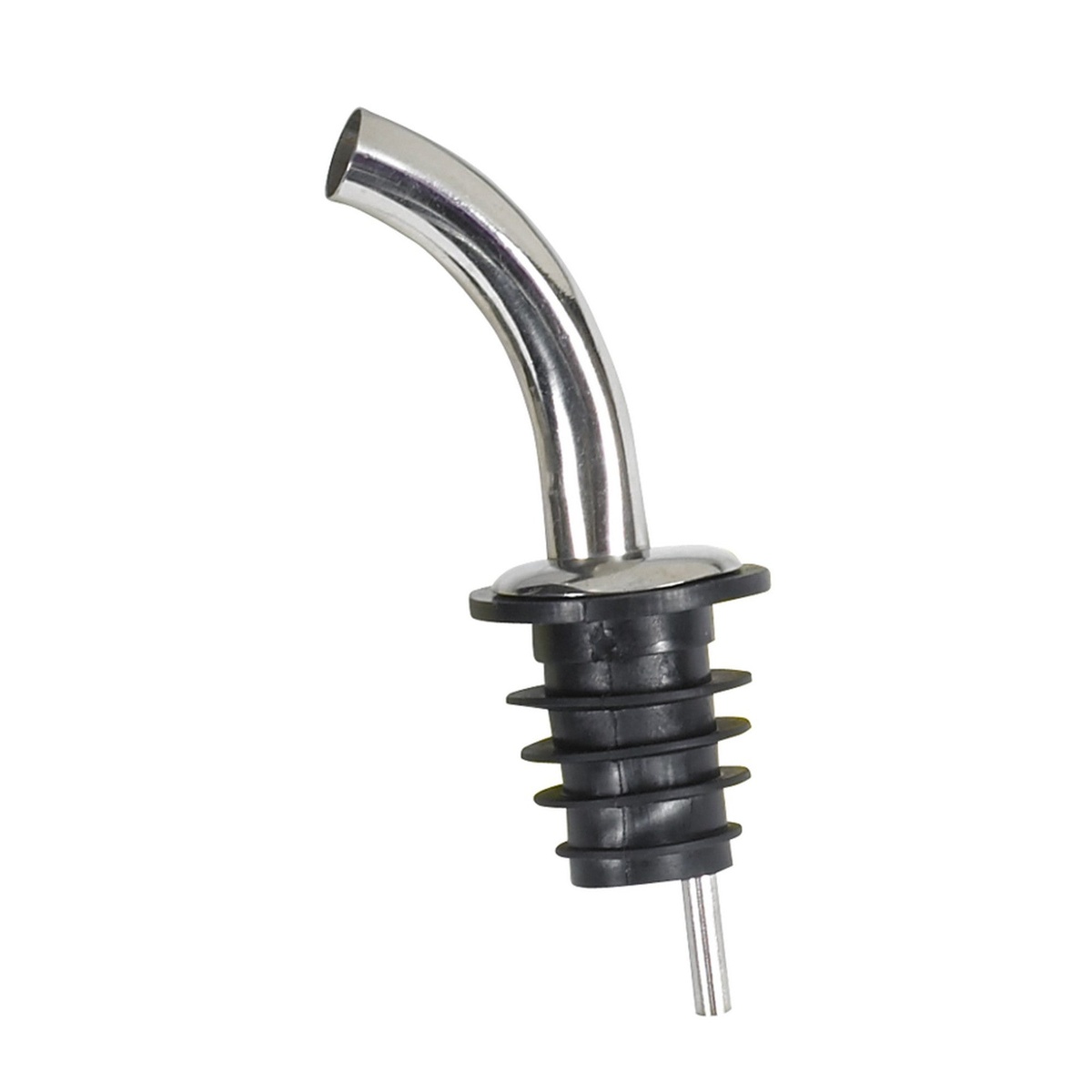 Winco PPM-4G metal pourer with curved gooseneck stainless steel spout and black plastic cork stopper