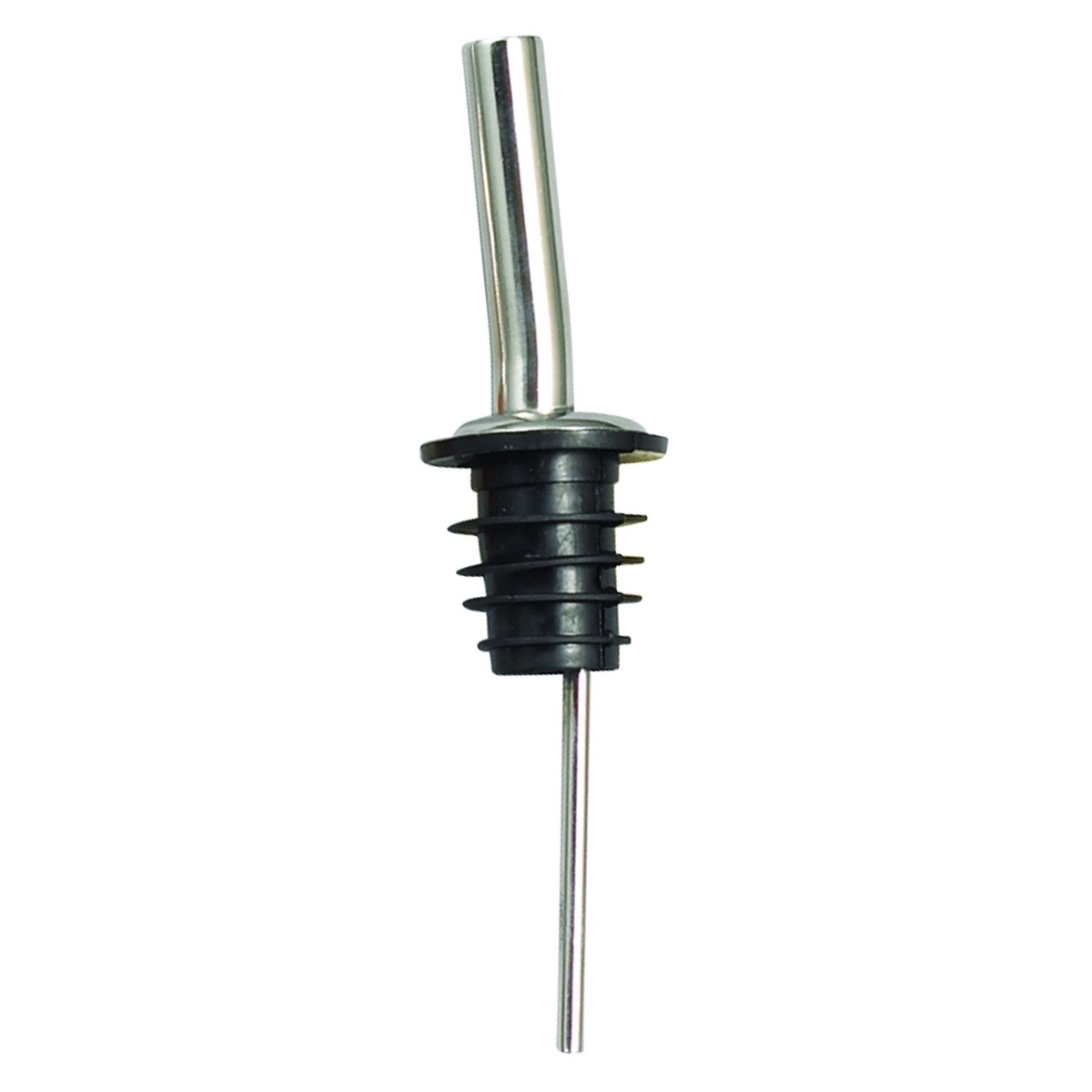 Winco PPM-4J metal pourer with stainless steel jet spout and black poly plastic cork on white background