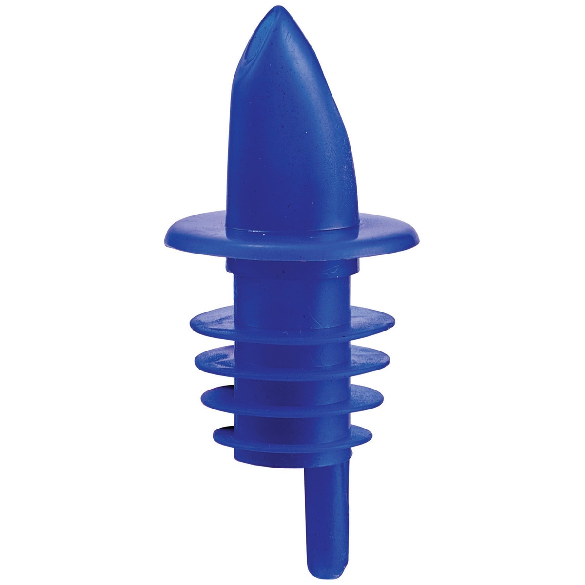 Winco PPR-2B blue plastic free-flow pourer with multi-fin insert stem, isolated on white background