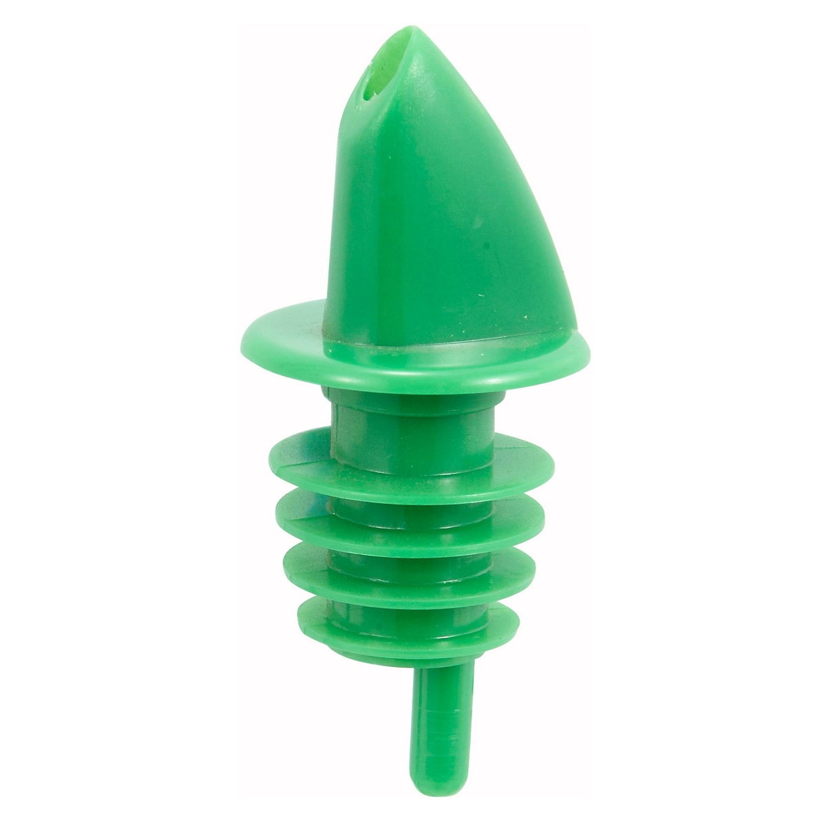 Winco PPR-2G green plastic free-flow bottle pourer with ribbed neck insert and tapered spout tip