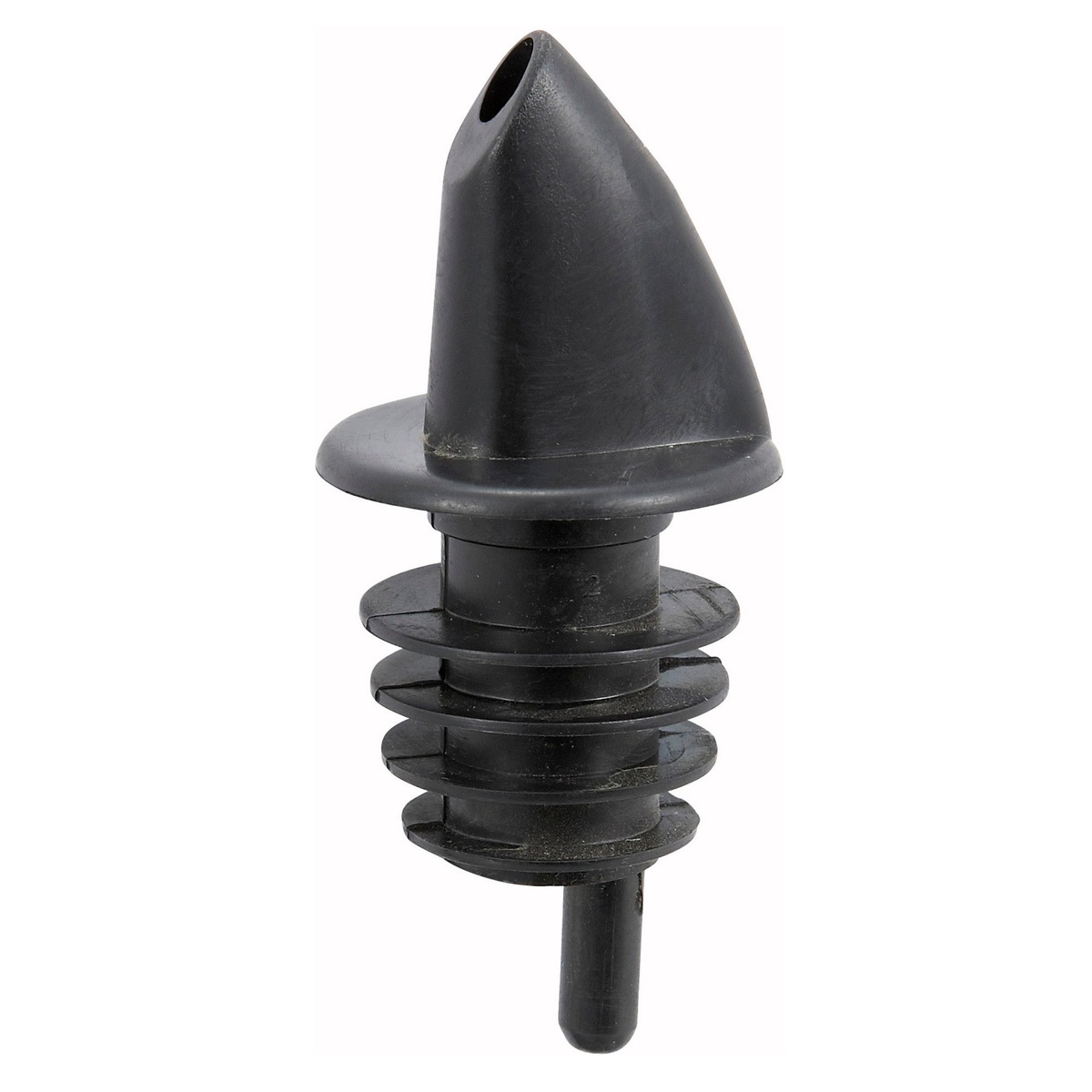 Winco PPR-2K black plastic free-flow liquor pourer with tapered spout and ribbed bottle insert