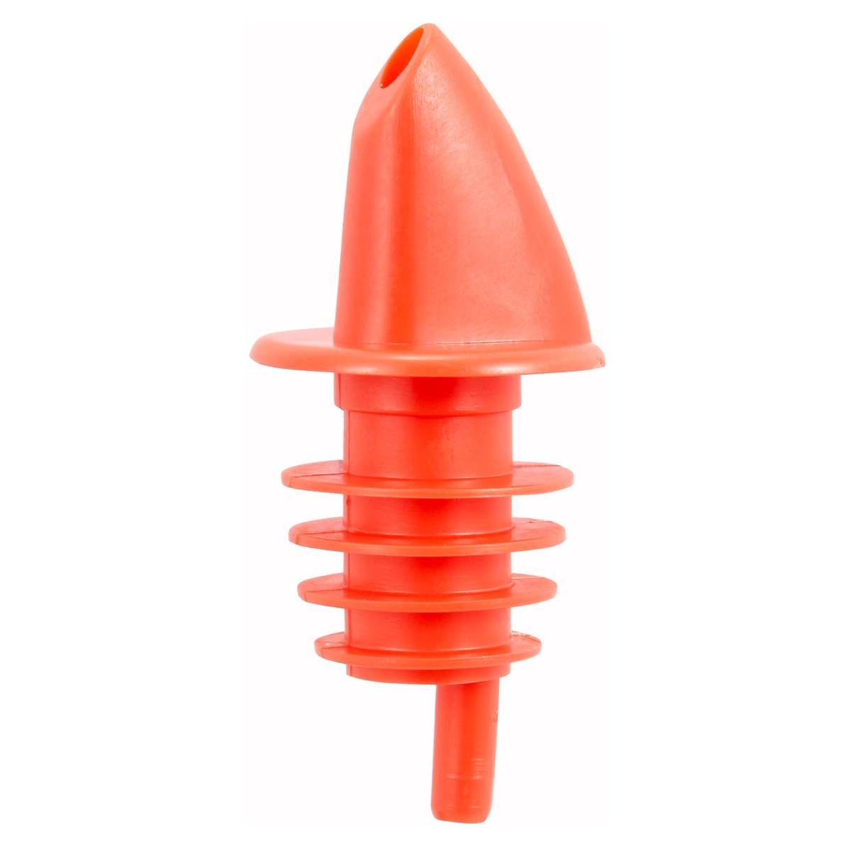 Winco PPR-2R red plastic free-flow liquor pourer with ribbed stem and conical spout on white background