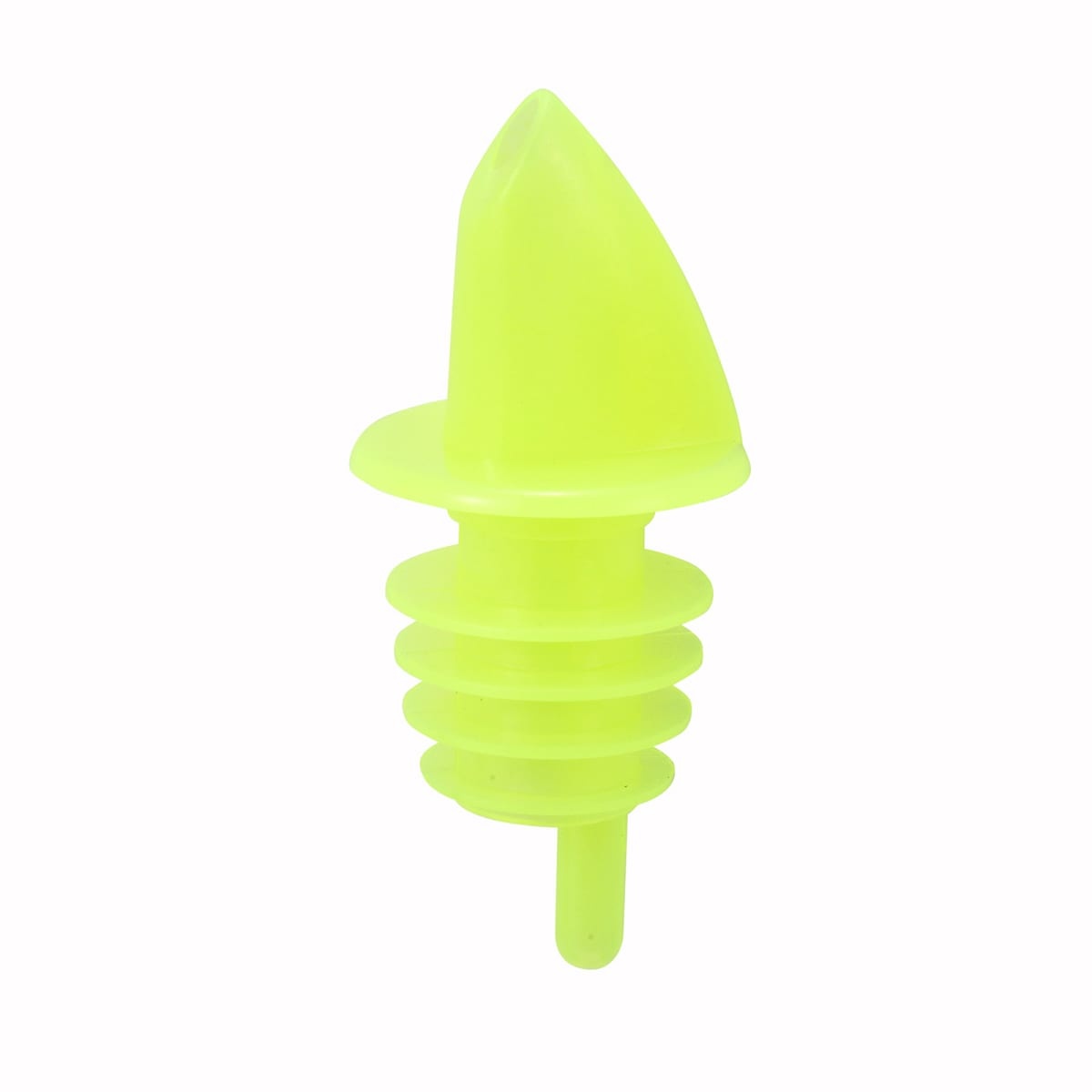 Winco PPR-2Y yellow plastic free-flow liquor pourer with ribbed bottle-insert stem and conical spout