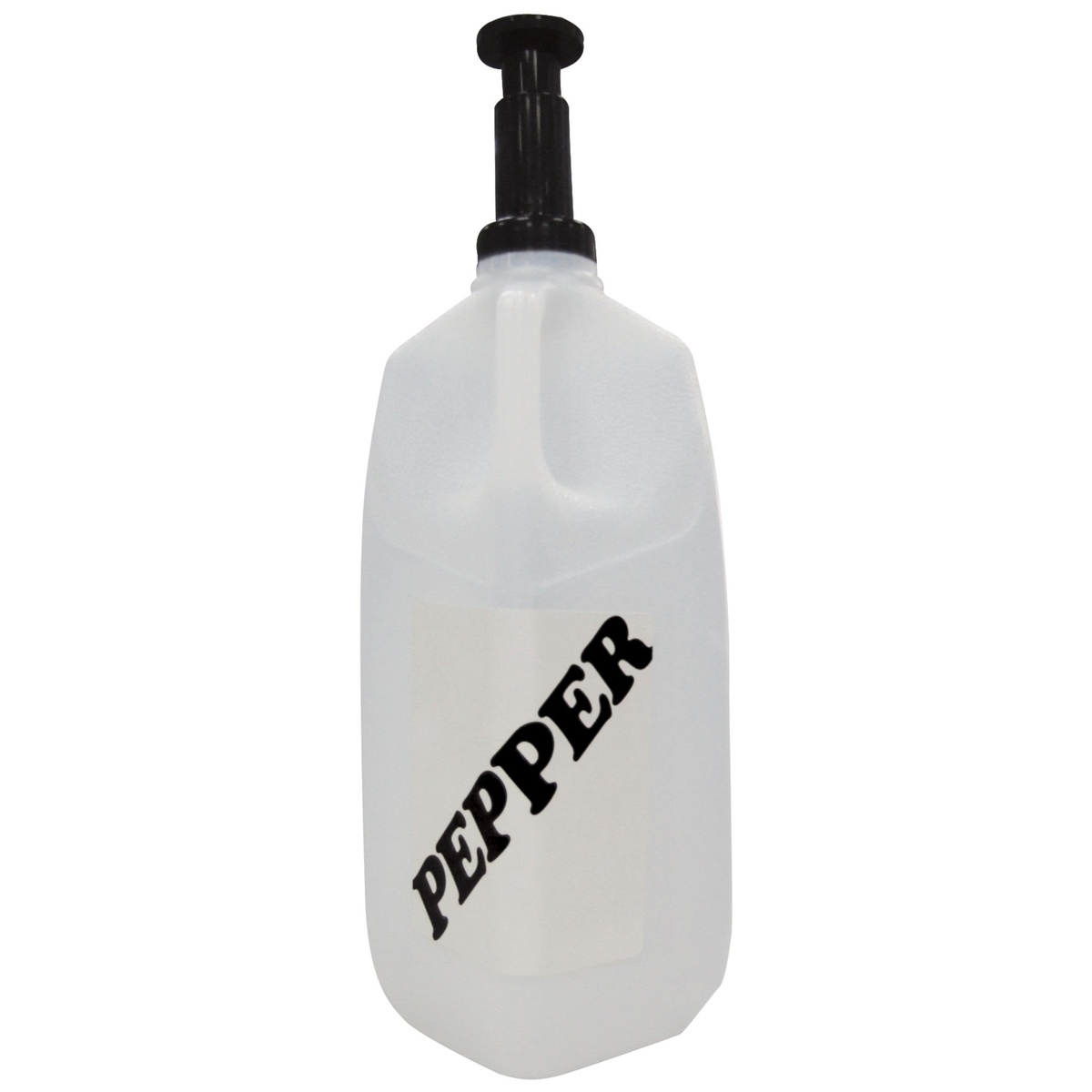 Winco PR-05P half-gallon pepper refiller with black spring-loaded spout and bold PEPPER label on white semi-clear plastic body