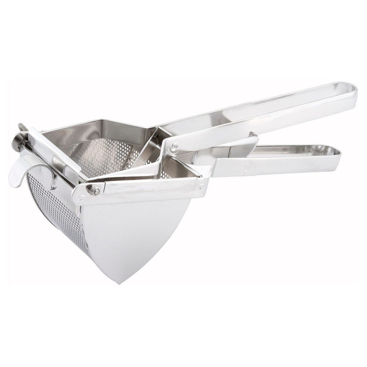 Winco PR-16 square stainless steel potato ricer with long ergonomic handles and perforated pressing plate