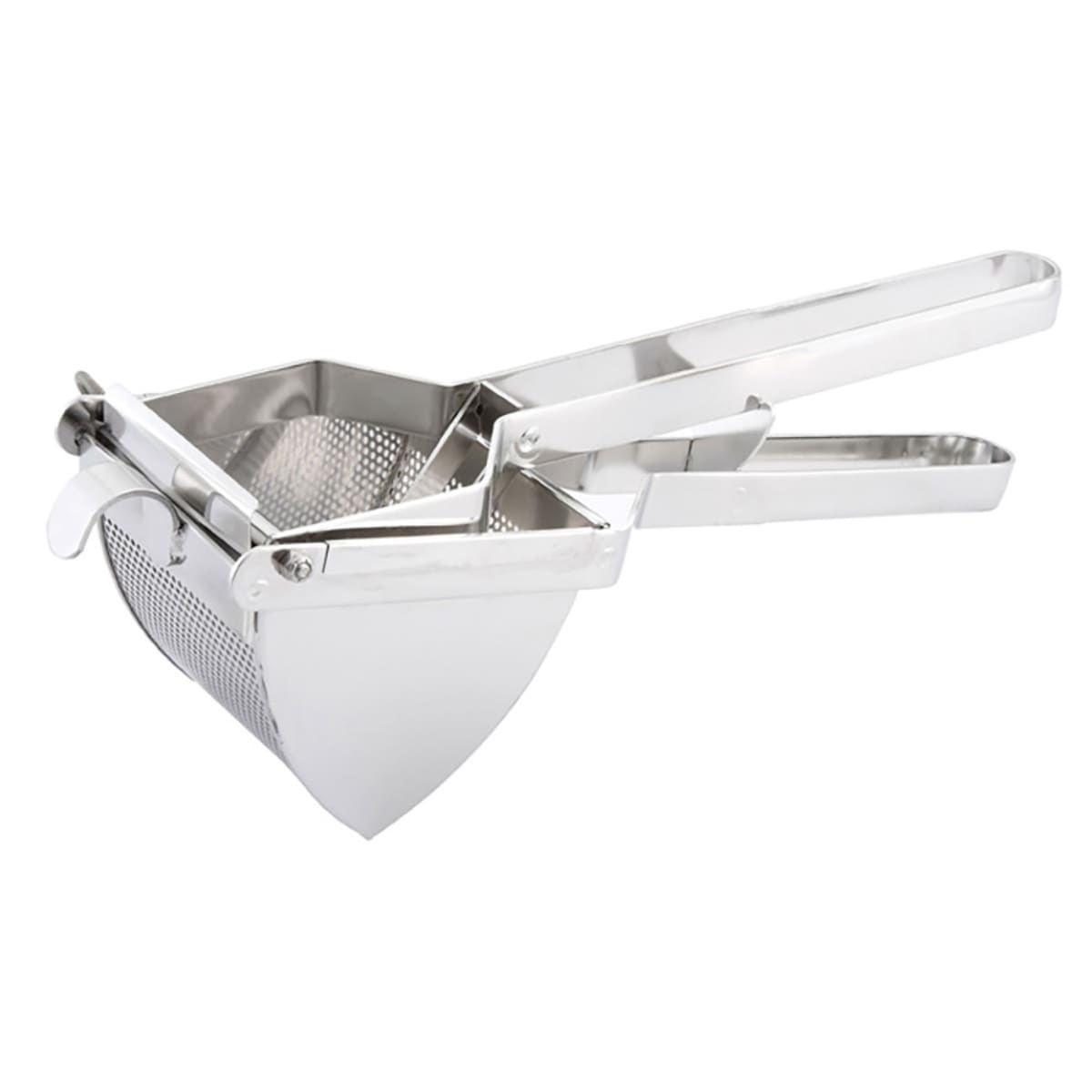 Winco PR-16 17-inch stainless steel square potato ricer with perforated basket and long handles