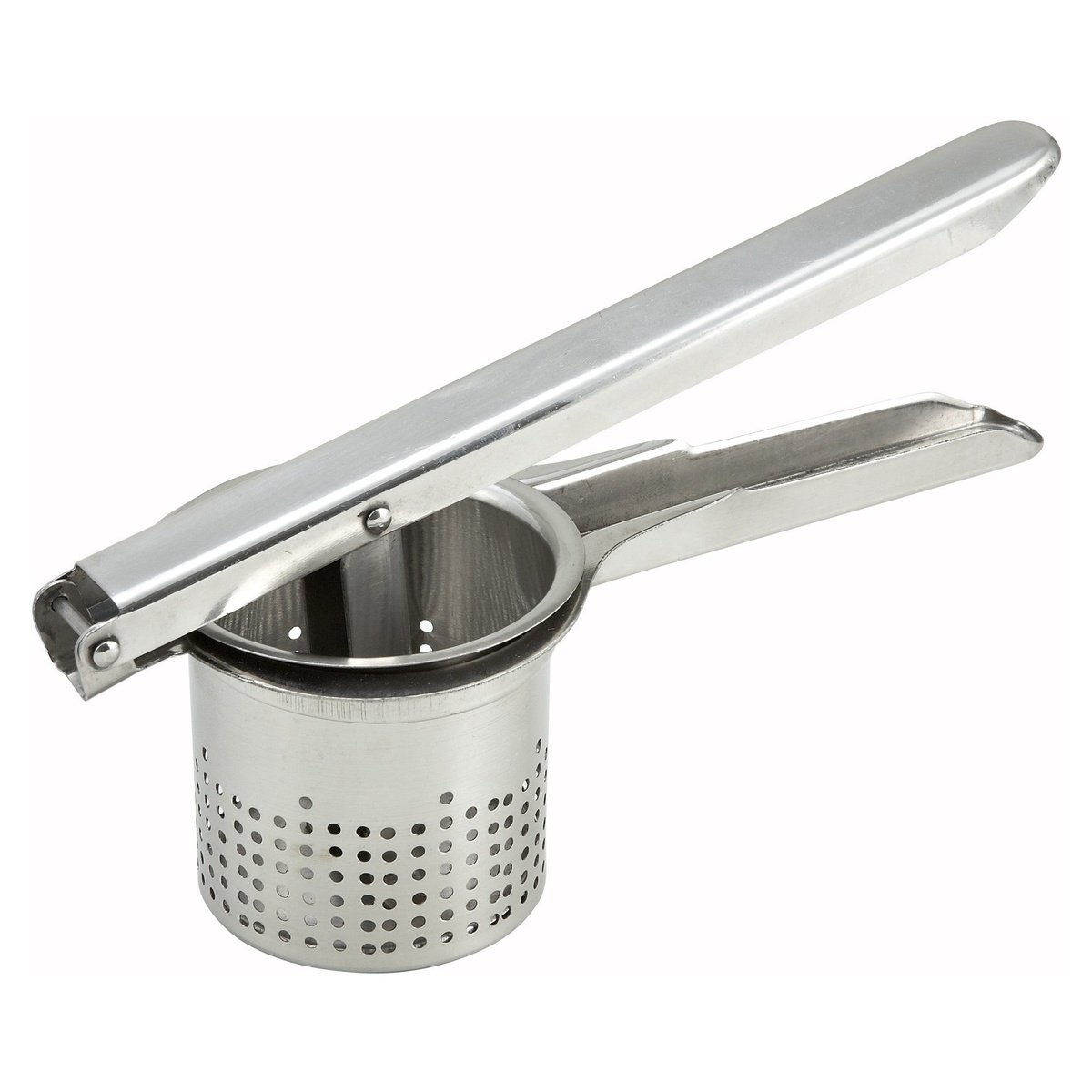 Winco PR-9 stainless steel round potato ricer with perforated cylindrical basket and long lever handles