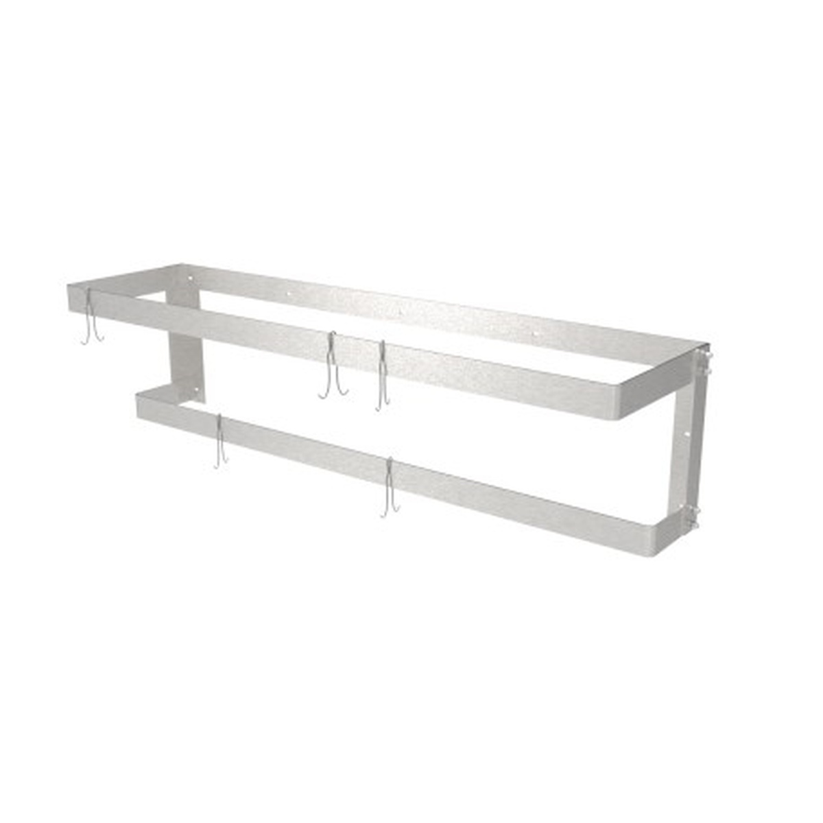 GSW stainless steel double wall mount pot rack with hanging hooks on white background
